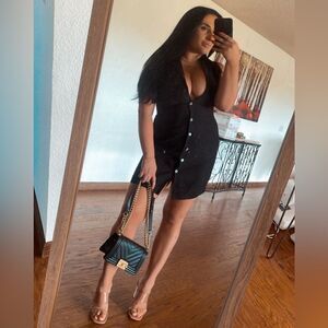 Black linen button up mini dress